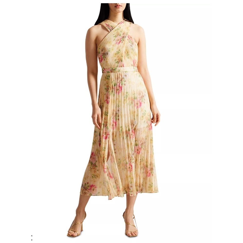 NWT Ted Baker Amerah Cross Front Pleated Midi Dress Floral Yellow US 4 Wedding